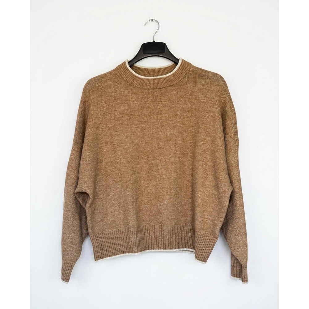 Womens Camel Brown Marl Knit Crewneck Sweater White Tipping Size L Preppy